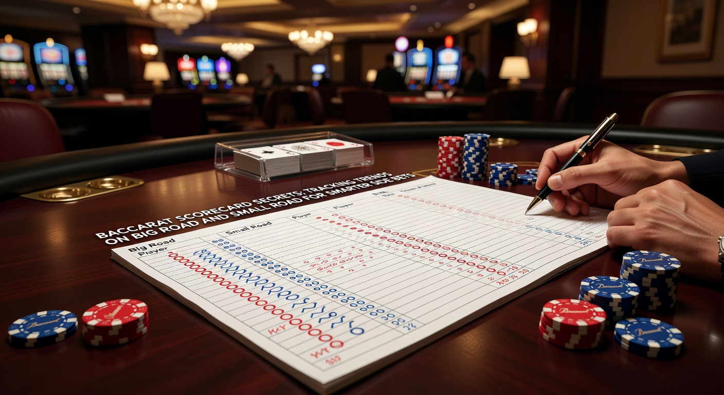 Close-up of Small Road scorecard with green and red symbols indicating trend persistence amid baccarat shoe progression