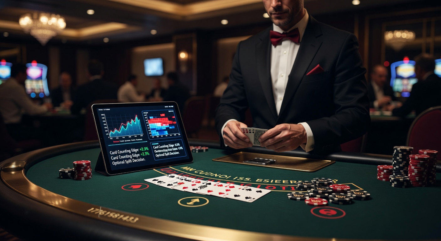 Close-up of blackjack table with strategy chart and chips in strategic positions
