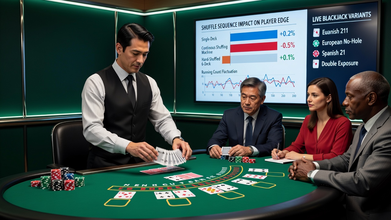 Close-up view of blackjack cards being riffled during a manual shuffle sequence