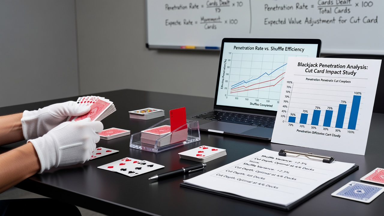 Close-up view of a dealer inserting the cut card into a multi-deck blackjack shoe with shuffle machine visible in background