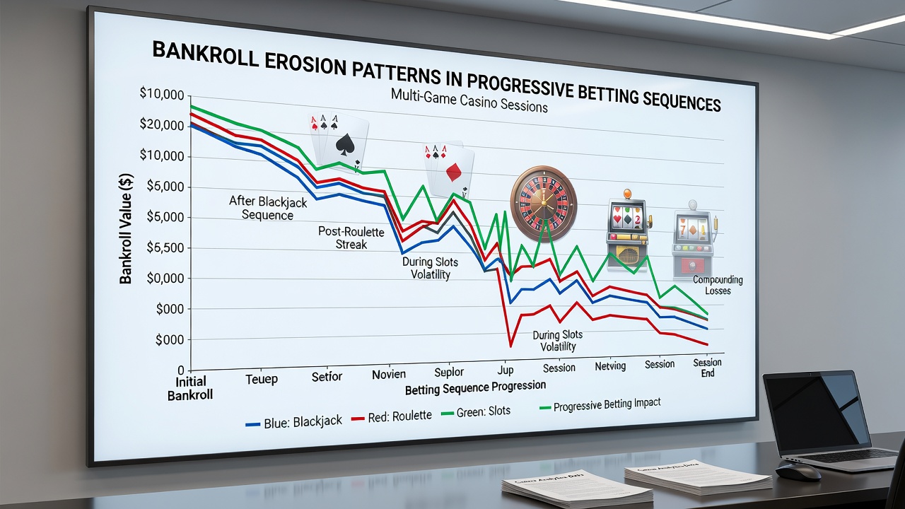Chart showing capital level changes during transitions between progressive betting sequences in roulette, blackjack, and slots
