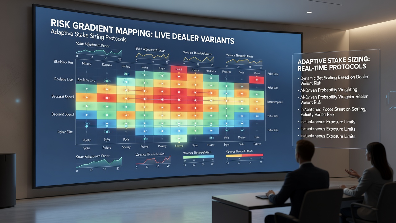 Analytical dashboard displaying risk gradient maps for blackjack, roulette and baccarat with dynamic stake sizing recommendations