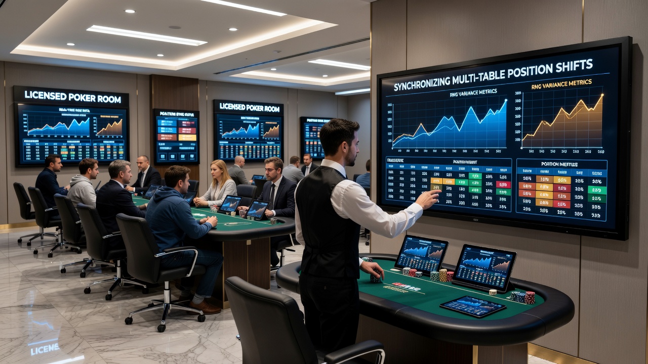 Close-up of synchronized poker software showing position shift recommendations tied to variance readings