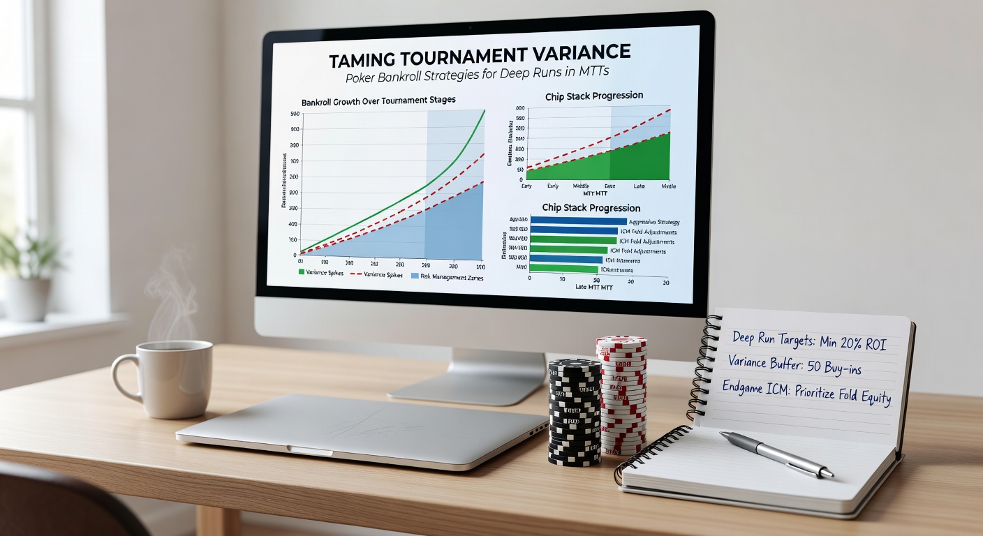 Graph illustrating poker bankroll fluctuations over 500 MTTs, with overlaid strategy lines for buy-in adjustments during upswings and downswings