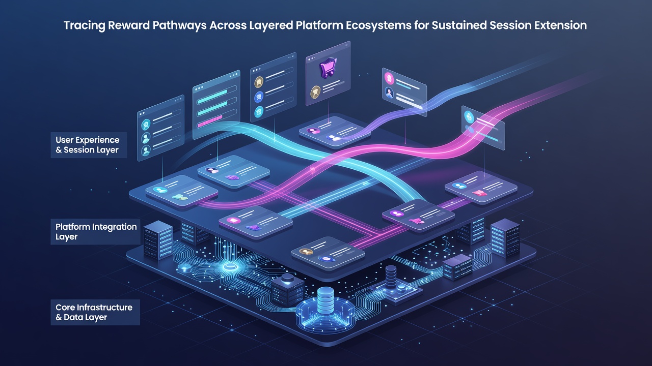 Flowchart illustrating reward accumulation across mobile app, web portal, and partner services with session duration metrics